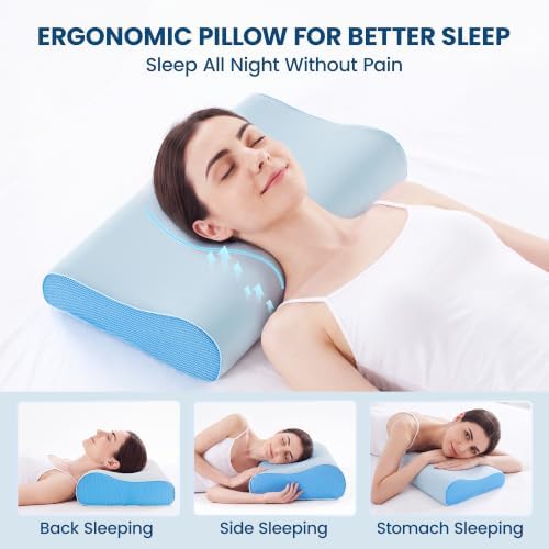 Cervical Neck Pillow for Neck Pain Relief, Odorless Memory Foam Pillow with Adjustable 2 Heights, Cooling Bed Pillow Neck Support Pillow for Side, Back & Stomach Sleepers, Standard Size(Blue)