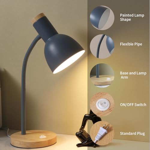 Adjustable Wooden Desk Lamp,Metal Shade Flexible Neck Table Lamp