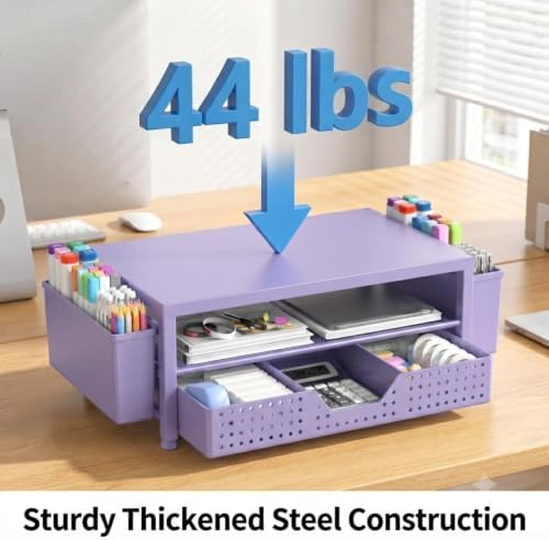 ECOLOVI Desk Organizer and Accessories, 2-Tier Computer Monitor Stand Rise with Storage Drawer & 2 Pen Holders, Laptop & Printer Stand for Desktop, Workspace Organizers for Office Supplies (Purple)