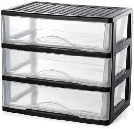 BYCY Medium 3 Drawer Plastic Clear Stacking Desktop Organizer for Office Supplies, Stackable Storage Drawers Storage Bins For Kitchen Cabinets, Pantry, Home Organization (Black, Medium 3Drawer)