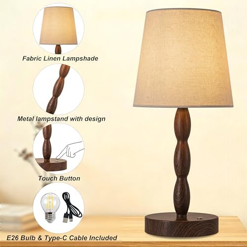 CASTLELIFE Rechargeable Cordless Table Lamp, 5000mAh Battery Powered Touch Desk Lamp, 3-Level & Stepless Dimmable Night Light, Portable Bedside Lamp for Bedroom, Outdoor, Bulb Included, Walnut Grain