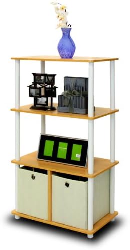 Furinno GO GREEN Storage Shelf, 4-Tier Storage Rack with Bins, Book Shelf, Display Rack, with Storage Bins, for Organization and Storage, Living Room, Home Office, Beech