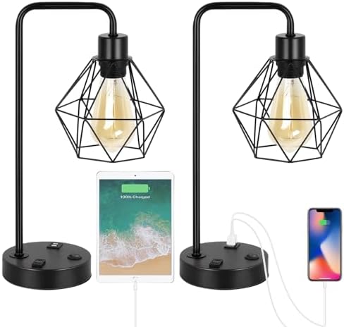 BTY Industrial Table Lamps Set of 2 Vintage Desk Lamp Metal Cage Nightstand Bedside Lamp with Dual USB Charging Ports and AC Outlet for Bedroom Living Room Office (Black)