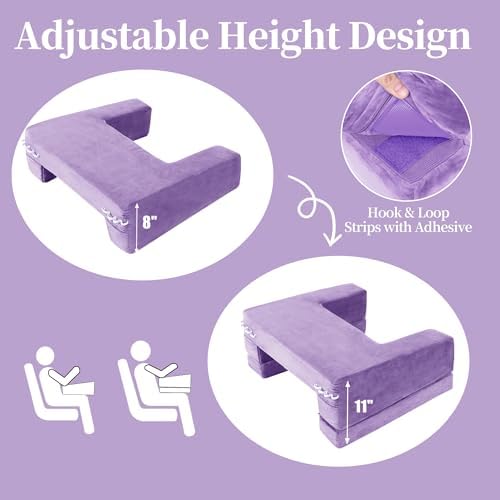 HOMBYS Adjustable Foam Crochet Pillow for Lap Support, Soft Velvet Reading & Gaming Pillow with Side Pocket and Elastic Band, Desk Cushion for Sofa, Bed & Floor, Heights for Adjusting (Purple)