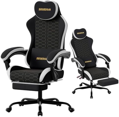 Honeycomb Embossed Gaming Chair with Footrest & Massage Lumbar Support, Adjustable Ergonomic Office Chair for Adults, 300 lbs (Black White)
