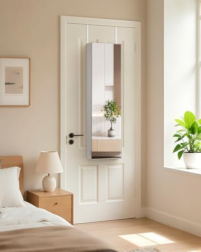 Nicetree Jewelry Cabinet Armoire, Hanging Jewelry Organizers and Storage, Lockable Jewelry Cabinet with Full-Length Mirror, Wall or Door Mount Jewelry Mirror Cabinet, Shelves, Polishing Cloth