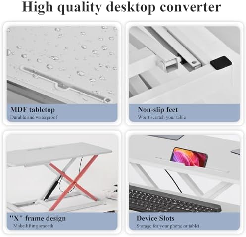 38" Desk Converter, Height Adjustable Sit to Stand Riser, 2 Monitor and Laptop Workstation with Wide Keyboard Tray, Stand Up Home Office Workstation - Rising Desk with Spring Loaded Lift, White