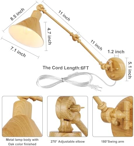 TRLIFE Wall Sconces Plug in, Dimmable Wall Sconces Set of 2 Swing Arm Wall Lights Plug in Wall Mounted Light Industrial Wall Lights with 6FT Plug in Cord, E26 Base, UL Listed(Oak Color)