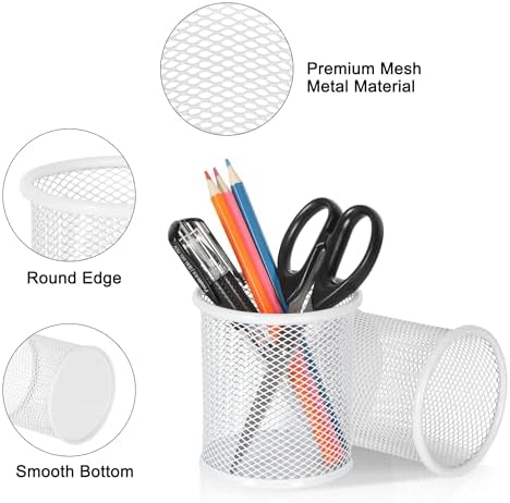 EasyPAG Metal 2-Piece Pen Holder Set Desk Accessories & Workspace Organizers for Classroom, School & Office,White