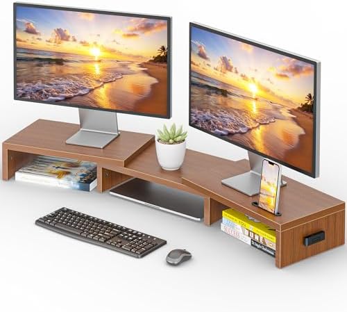 BONTEC Dual Monitor Stand Riser, Adjustable Length & Swivel Angle, Walnut