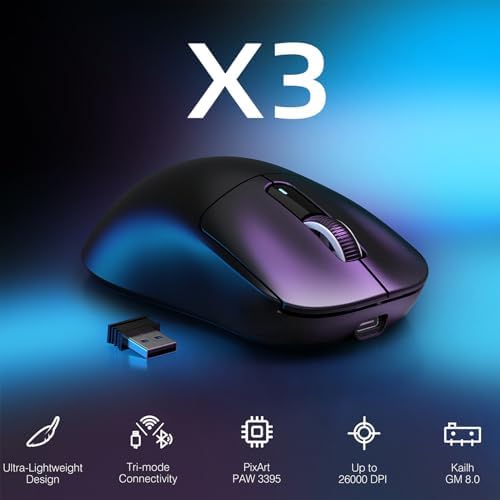 ATTACK SHARK X3 Lightweight Wireless Gaming Mouse with Tri-Mode 2.4G/USB-C Wired/Bluetooth,Up to 26K DPI, PAW3395 Optical Sensor,Kailh GM8.0 Switch,5 programmable Buttons for PC/Win/Mac(Black)