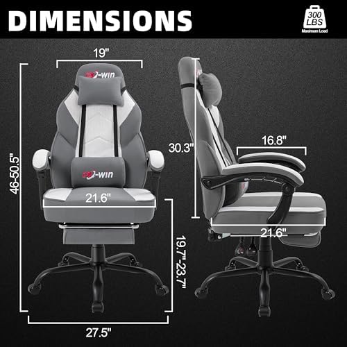 Shintenchi Big and Tall Gaming Chair Fabric Pocket Spring Cushion,High Back Recliner with Footrest and Headrest for Adults, Massage Lumbar Support for Home Office, Ergonomic Computer Desk Chair, Gray