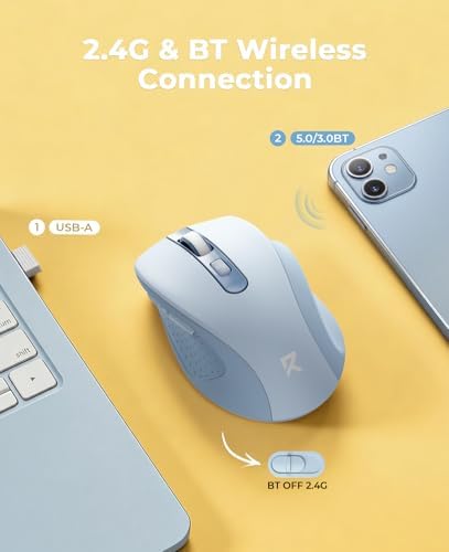 Redragon Wireless Mouse for Laptop, Bluetooth Mouse (BT5.0/3.0&2.4G) with 5 Level 4000DPI, Silent Cordless Computer Mice 6 Buttons,18 Months Battery,Compatible with PC, Laptop, Desktop-Blue