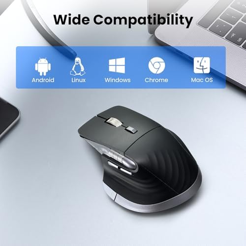 CITLLA Ergonomic Bluetooth Mouse for Laptop, Rechargeable Wireless Mouse with Multi-Device Switching, Silent Click, Flying Scroll & Thumb Wheel, 4800 DPI for PC, Mac, Tablet and Phone (Black)