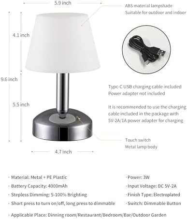KDG Silver Cordless Small Table Lamp, Portable LED Dimmable Desk Lamp