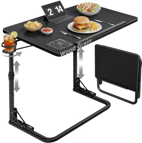 NUTIKAS Folding TV Tray Table - Adjustable Height Sofa Side Table, Wooden Portable Trays for Eating On Couch, Laptop Stand with Cup Holder, C Shaped Foldable Desk