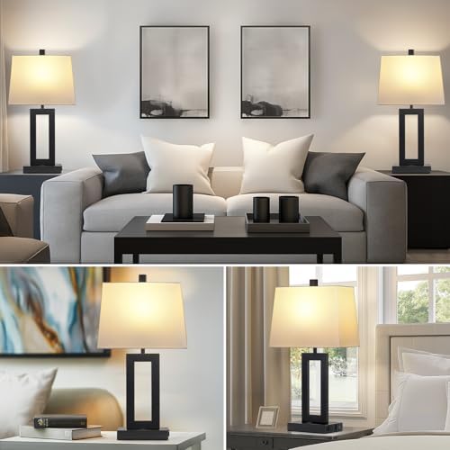 Cinkeda Black Bedside Table Lamp Set of 2,Nightstand Lamps with USB Ports