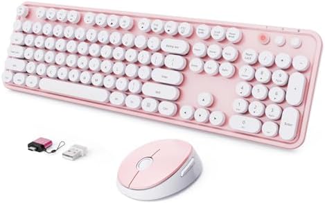Wireless Keyboard and Mouse Combo, Ergonomic Full Size Typewriter Retro Round Keycaps Keyboard, Compatible with Windows, PC, Perfer for Home and Office Keyboards (Lovely Pink)