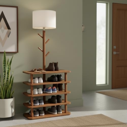 Shoe Rack with Lamp, 200 lbs Load Capacity Shoe Organizer with Coat Rack, Free Standing Shoe Shelf for Entryway, Closet, Bedroom, Dorm – Easy Assembly