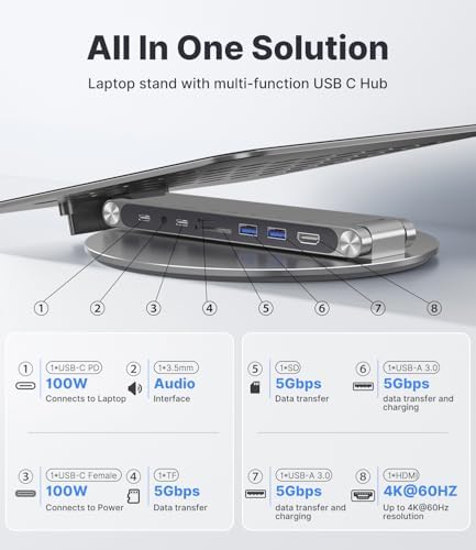KU XIU Adjustable Laptop Stand with 8 in 1 USB C Hub, Foldable Portable Computer Notebook Stand with 360° Rotating Base, Riser Holder Mount for All 10-17" Laptops (Gray)