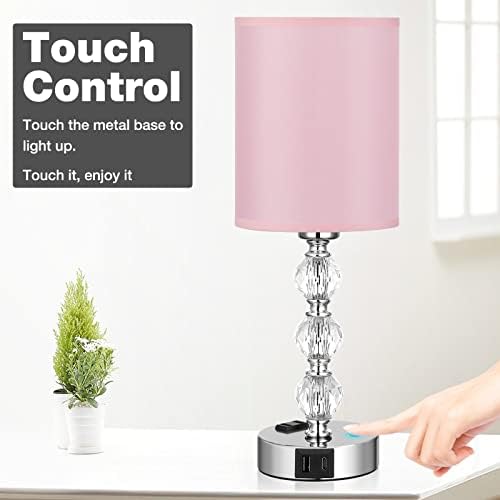 Pink Touch Bedside Lamps for Bedrooms - Crystal Table Lamp with USB C+A Charging Port and AC Outlet Nightstand, 3 Way Dimmable Silver Small End Side Table Lamp for Living/Guest/Dinning Room/Kitchen