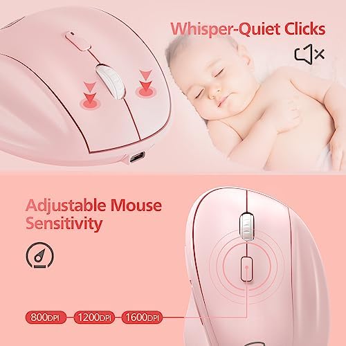 Micropack Wireless Bluetooth Mouse Ergonomic Vertical for Laptop MacBook PC Tablet Rechargeable Silent Click Multi-Device 3-Mode 2.4G Adjustable DPI Compatible with Windows Android iOS MacOS Pink