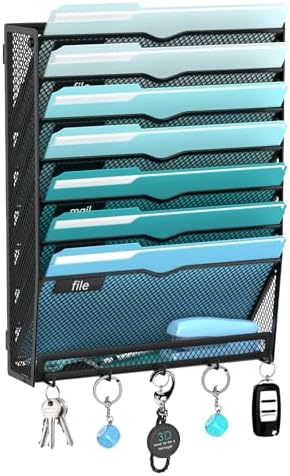 8-Tier Wall File Organizer and Mail Organizer with 5 Hooks, Black