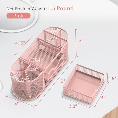 SUPEASY Mesh Desk Organizer, Pen Holder for Desk with 2 Drawers, Pink