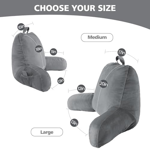 Reading Pillow for Bed Sitting Up, Adults and Teens Backrest with Arms, Velvet Back Support Pillow for Sitting on Sofa, Couch with Washable Cover- Standard, Grey