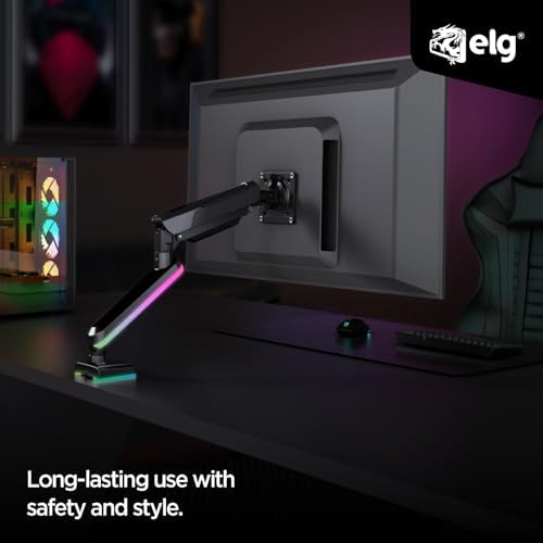 ELG RGB Gaming Monitor Arm, Gas Spring, 17-35" Screens up to 19.8 lbs, Aluminum & Steel, 360° Rotation, Tilt & Swivel, C-Clamp & Grommet, VESA 75x75 to 100x100mm, Cable Management, Black