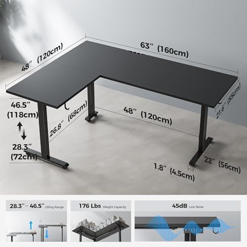 Agilestic L Shaped Standing Desk 63 inch Adjustable Height, Electric Corner Standing Desk, Sit Stand Computer Table with Splice Board, Black