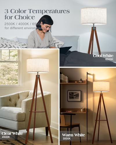 ELYONA Mid Century Floor Lamp with 3 Color Temperatures LED Bulb, Modern Wood Tripod Table Reading Standing Light, Wooden Shelf Floor Lamp for Farmhouse Living Room Bedroom Office Linen Shade Brown