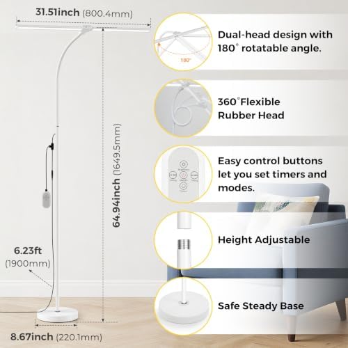 Dual-head LED Floor Lamp 20W 1400LM Adjustable Neck Bright Light White