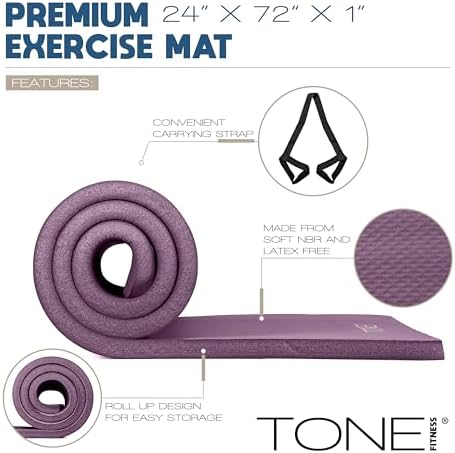 Tone Fitness 1" Extra Thick Yoga Mat, Exercise & Pilates Mat with Strap