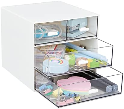 Desk Organizer with 4 Drawers, Clear Plastic Desk Storage Box, Desktop Organization for Office Supplies, Gel Pens, Pencils, Markers, Tape, Erasers, Paperclips, Chargers (White-4 Draws)