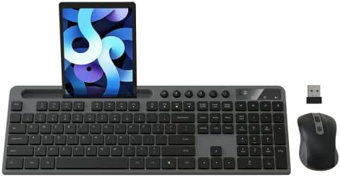 MARVO Wirelss Keyboard and Mouse Combo with Phone Holder, Full-Size, Grey