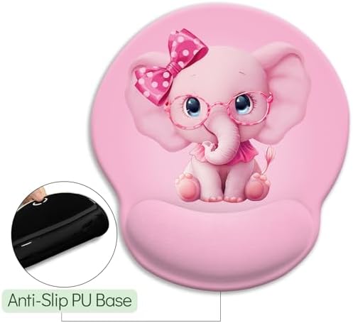 LIMKRIAN Pink Elephant Ergonomic Mouse Pad with Wrist Rest, 9.8 x 8.6 in