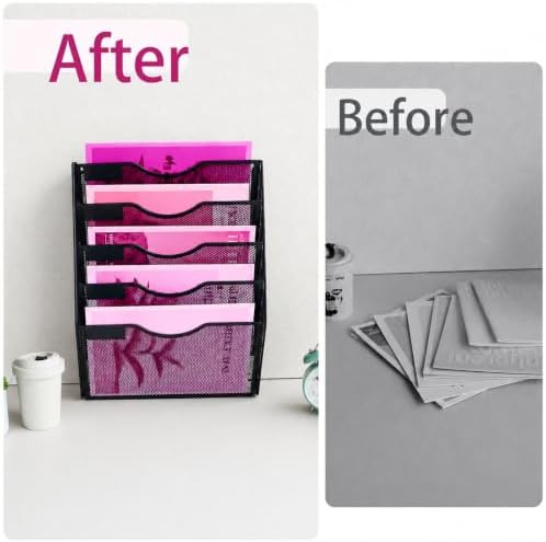 5 Pockets Mesh Wall File Holder Organizer Office Hanging File Folder Magazine Rack, Nametag Label Hooks Set Included (Black)