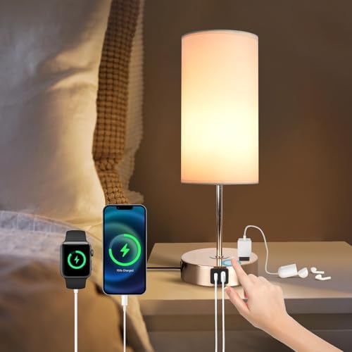 Gold Table Lamp with USB Port - Touch Lamp Desk Lamp, Bedside Lamps for Bedroom, 3 Way Dimmable Small Lamps for Living Room, Dorm, Home, Office, Cute Gold Base+ White Lampshade