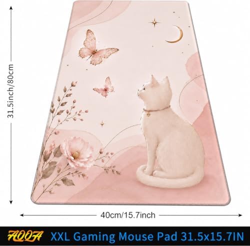 Large Desk Mat 31.5x15.7 Inch Pink Cat Butterfly Mouse Pad