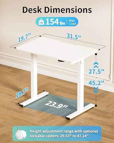 Okin Electric Standing Desk 31.5x19.7 Inches Small Computer Desk-Whole Piece Stand up Desk with Wheels Gaming Rolling Home Office Desks, White