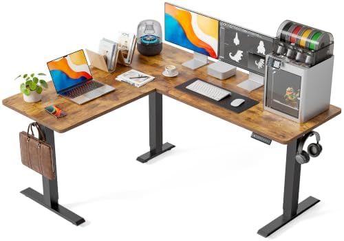 FEZIBO 63" x 55" L-Shaped Standing Desk - Adjustable Corner Desk L Shape, L-Shaped Adjustable Desk with Splice Board, L Shape Standing Desk, Rustic-Brown