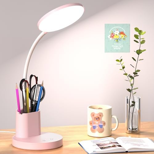 LED Desk Lamp for College Dorm with Pen Phone Holder, Pink