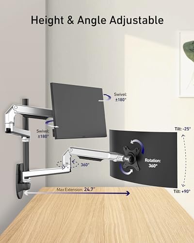 Ergounion Dual Monitor Wall Mount for Flat or Curved Screens up to 38" Within 25 lbs, Adjustable Monitor Arm with Cable Management, VESA 75x75/100x100mm Monitor Mount for 2 Monitors, Silver