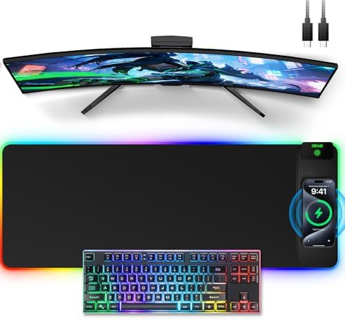 Wireless Charging Mouse Pad, 31.5"x11.81" XL Gaming Mousepad with 11 RGB Colors & 5 Lighting Modes, Home Office Large Desk Pad, Ultra-Smooth Surface, Non-Slip, Waterproof Keyboard Pad Black Desk Mat