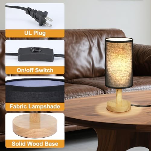 Black Small Bedside Table Lamp for Bedroom,Natural Round Wood Base&Fabric Linen Shade,Cozy Night Table Light for Study Reading,Minimalist Boho Desk Lamp for Nightstand,Living Room,Nursery,Kitchen,Dorm