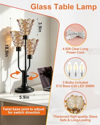 Lightdot Mid Century Modern Glass Table Lamp Dimmable 3 Bulbs Included Gift