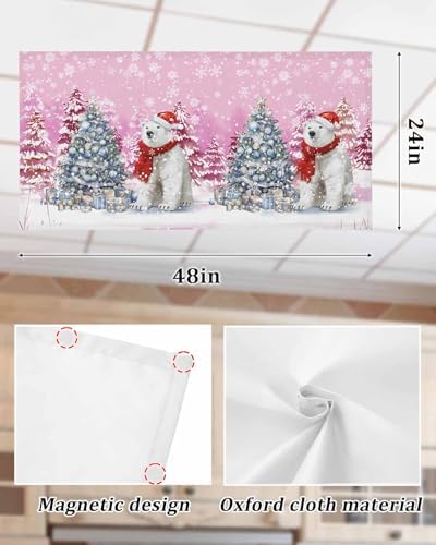 Pink Christmas Magnetic Fluorescent Light Covers for Ceiling Lights 2 x 4 Feet,Snowflakes Retro Snowy Xmas Tree Bear Office Classroom Kitchen Drop Ceiling Light Covers Filters Shade Panel 3 Packs
