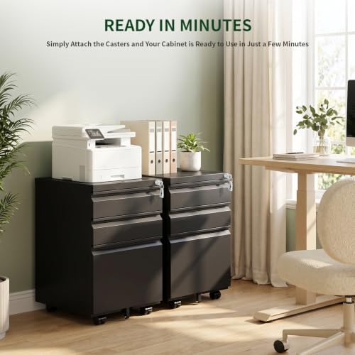 3 Drawer Metal File Cabinet with Lock & Rolling Casters