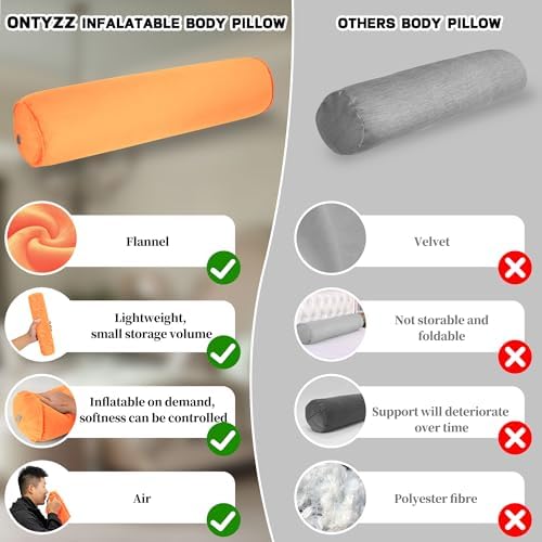 ONTYZZ Inflatable Short Body Pillow, Short Pillow for Bed, Oval Bolster Pillow for Good Sleeping and Back/Neck Support, 1pcs Orange